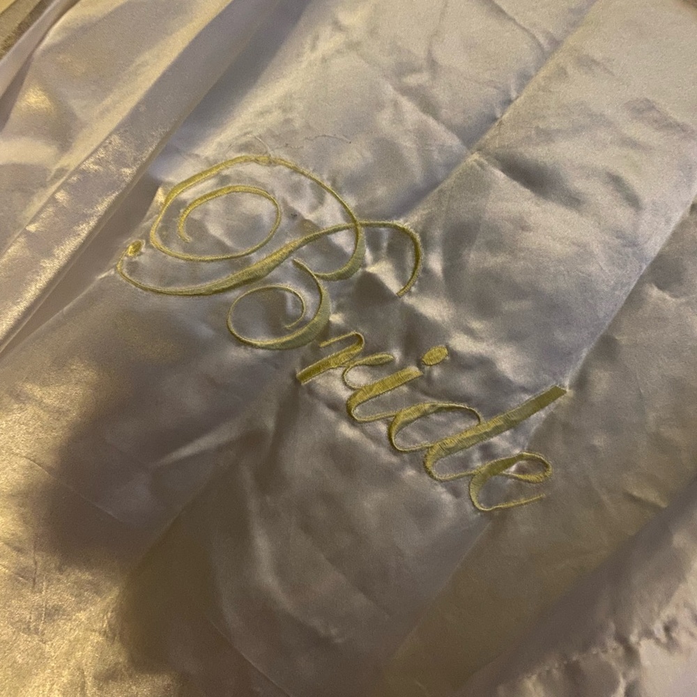 White Satin Bride Robe with Gold Lettering - Picture 3 of 4